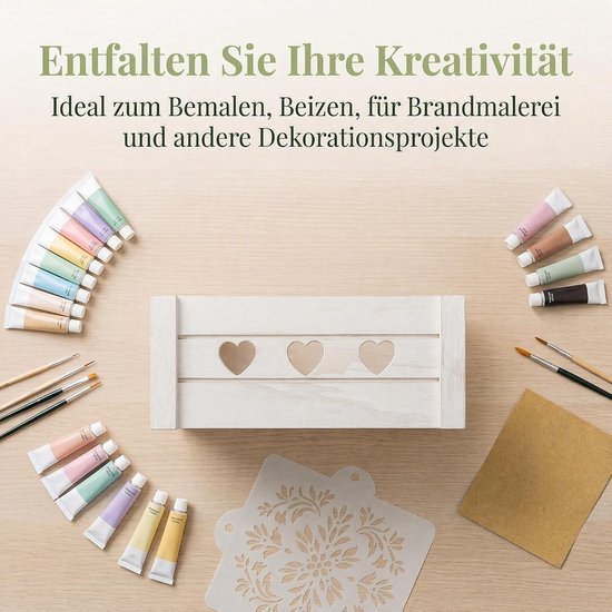 Kist met hartpatroon, 30 x 20 x 12 cm, houten kist zonder deksel, wit gekalkt, decoratieve houten kist, vintage geschenkkist voor documenten, waardevolle spullen en gereedschap — afbeelding 3