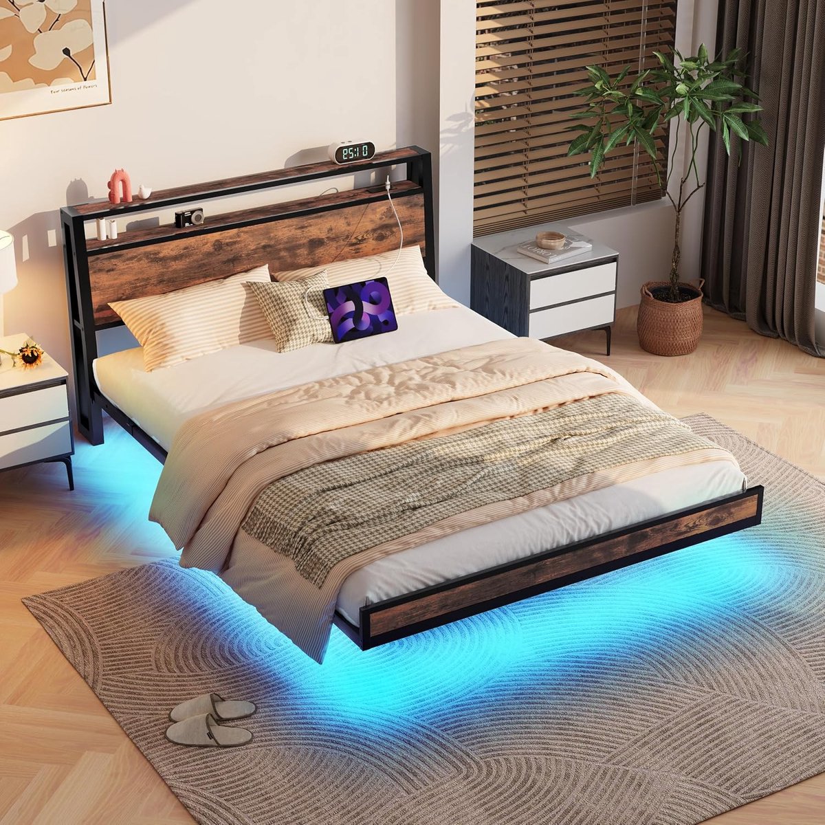 120 x 200 cm met ledverlichting, stekkerdoos, zwevend bed, tweepersoonsbed, jeugdbed, bedframe met opbergruimte, drijvend bedframe, voor slaapkamer, logeerkamer