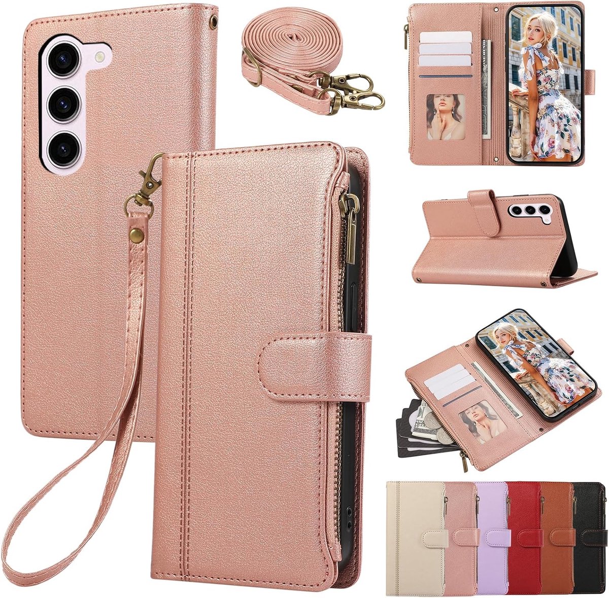 Hoes voor mobiele telefoon voor Samsung Galaxy S23 5G, hoes met band, folie, beschermfolie, kaartenvak, inklapbaar, lederen portemonnee, standaard, S 23 23S S23, hoes, mobiele telefoonhoes