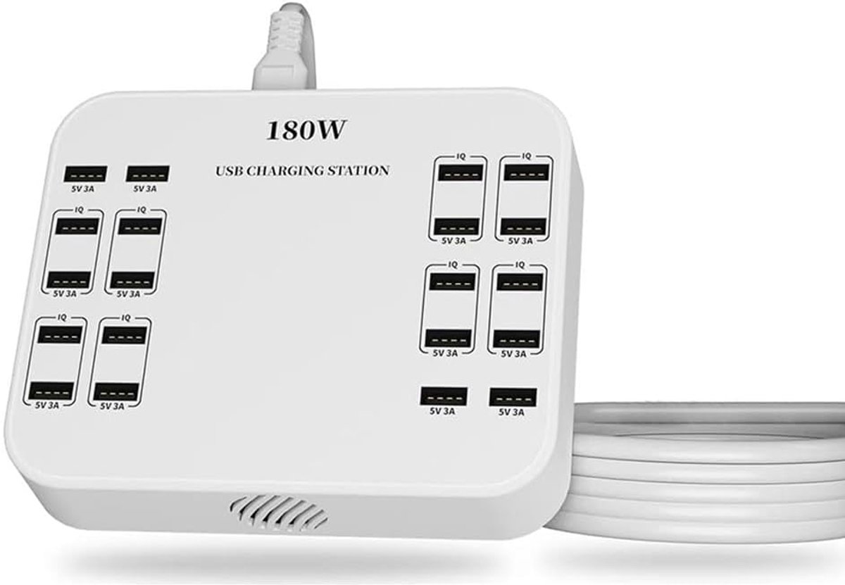 Draagbaar 20-poorts laadstation, geschikt voor verschillende apparaten, compatibel met iPhone iPad, USB-opladers van Samsung, Google, Xiaomi, Huawei en andere