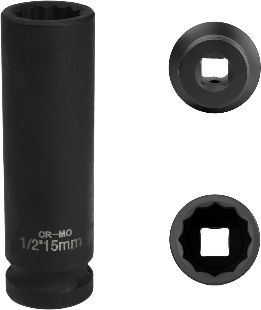 Dopsleutel 15 mm 1/2 inch 12-kant, slagmoer 1/2 15 mm staal chroom-molybdeen CR-MO (zwart)