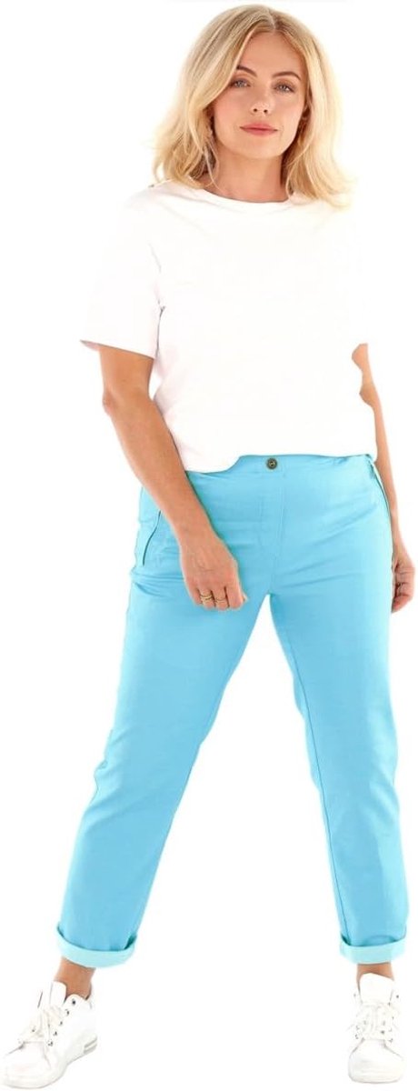 Dames chinobroek van katoen met elastische tailleband en knoop, elastische broek met zakken en borduurwerk, maten 36-54, in rood, groen of turquoise