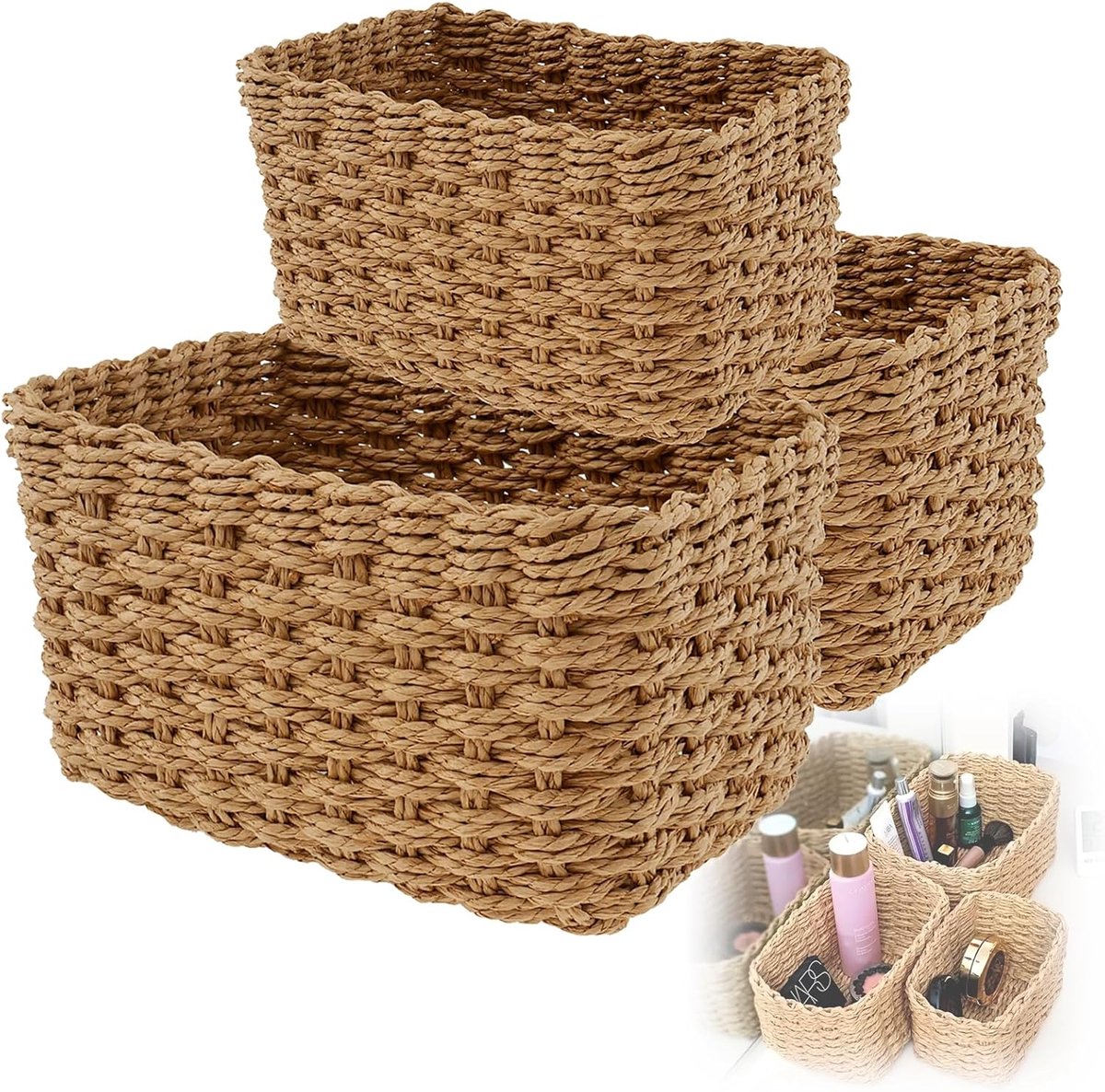 3 stuks opbergmanden, gevlochten opbergmand, gevlochten mand, plankmanden voor badkamer, decoratieve organizer, stapelbare manden voor badkamer, woonkamer, keuken