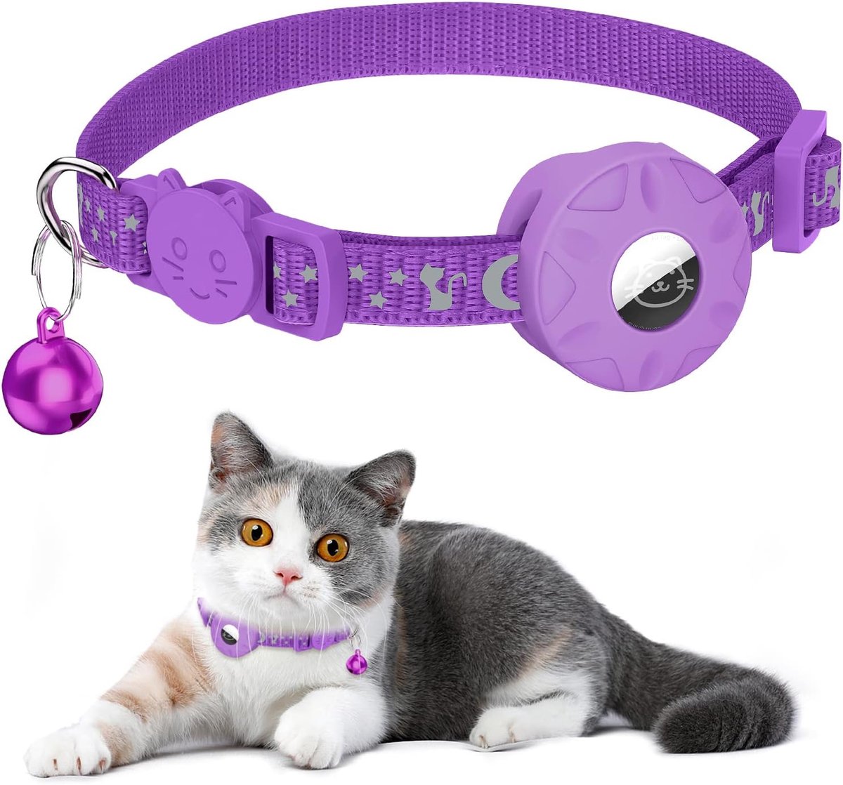 Kattenhalsband, geïntegreerde kattenhalsband AirTag met AirTag-houder en bel, reflecterende kattenhalsband met afneembare veiligheidsgesp voor kittens puppy's (paars)