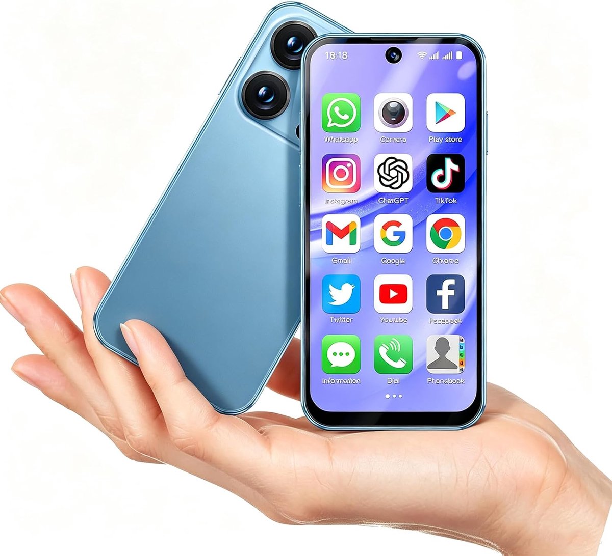 4G simlockvrij Mini‑smartphone, 3,88 inch, Android 12, Dual‑sim, 1950 mAh, gezichtsherkenning, 4GB+64GB Blauw