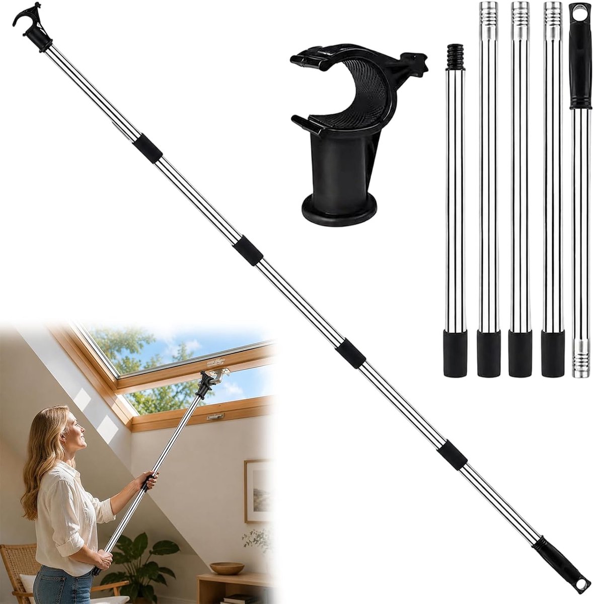 Stang voor dakramen, bedieningsstang 1,86 m, raamopenerstang met haken, telescopische bedieningsstang voor dakramen, raamgreepverlenging voor rolgordijnen en jaloezieën