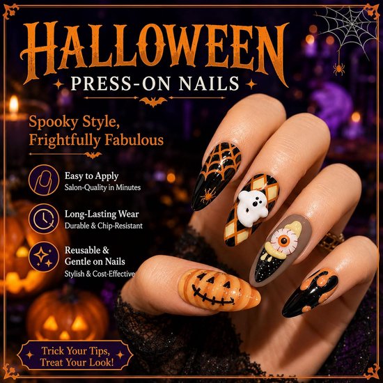 30 Halloween press-on nagels amandel 3D bloed oog pompoen ontwerp — afbeelding 4