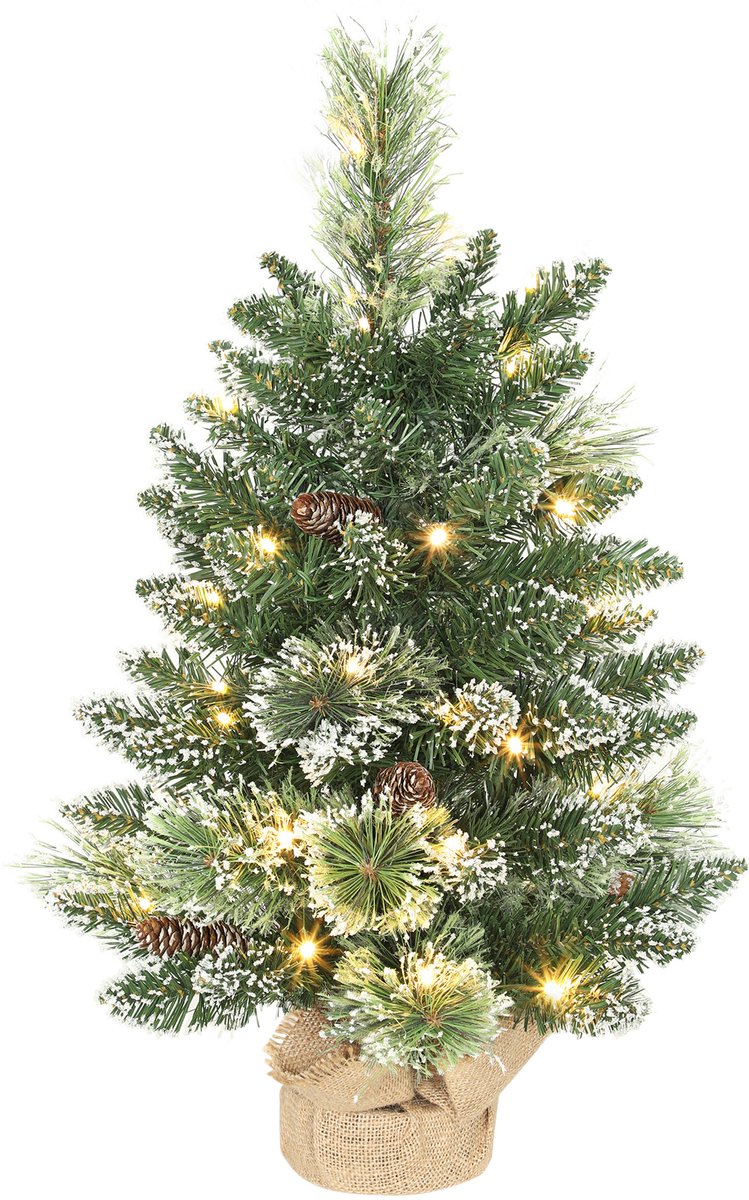 HOMCOM Kunstkerstboom 60 cm, Mini Kerstboompje met Vlokkenlaag voor op tafel, 64 takjes, 35 LED's, dennenappels en linnen voet, Werkt op batterijen, Kerstdecoratie voor thuis, Groen
