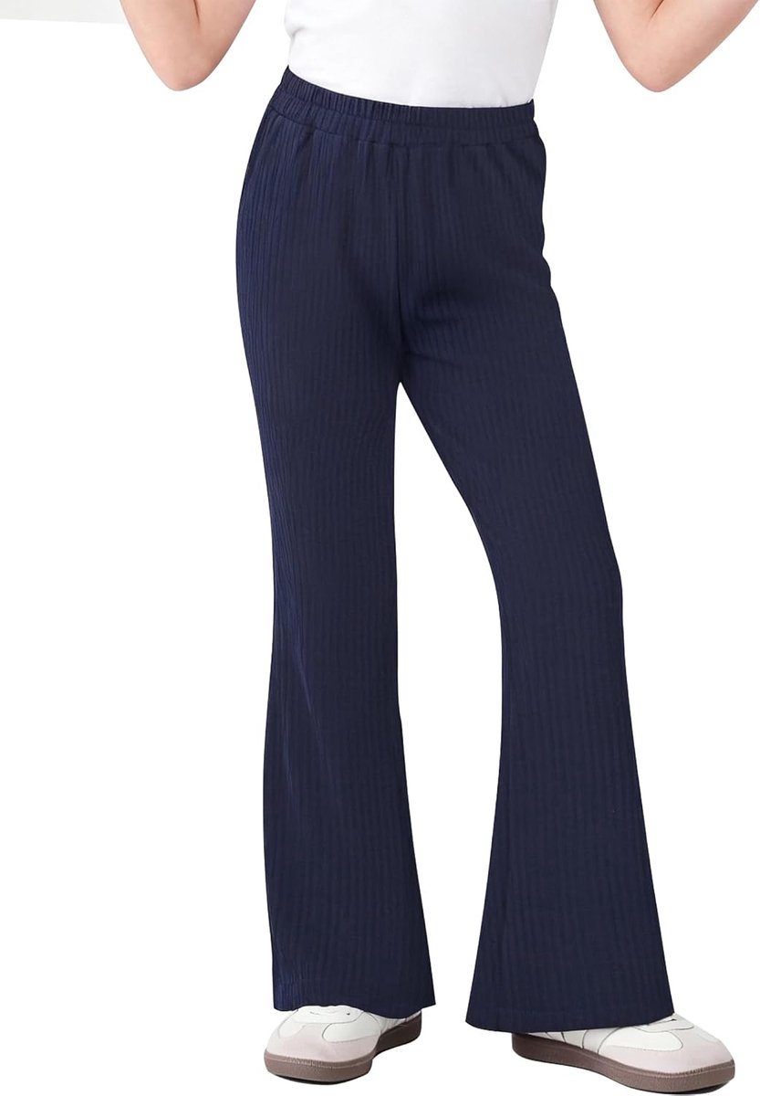 Marineblauw Geribd Gebreid Uitlopende Pijp Casual Elastische Taille Katoenmix