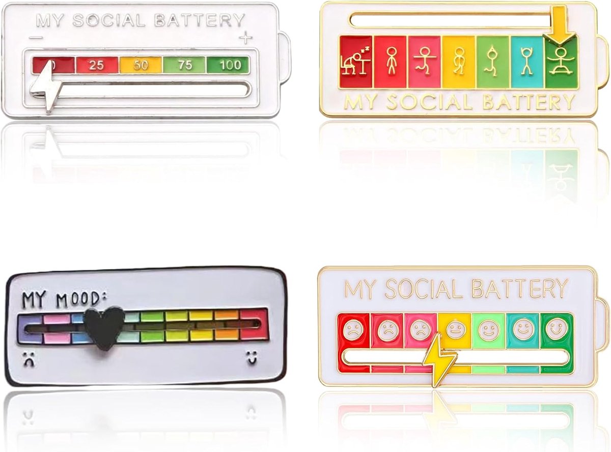4 pinnen met sociale batterij om de stemming uit te drukken, legering met percentage sociale energie en humor, decoratieve accessoires voor rugzakken en kleding, cadeau voor introverte mensen