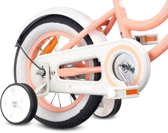 Heart Bike Fiets voor een meisje van 2 tot 4 jaar, 12 inch Abrikoos, met fietsbel, zijwieltjes, duwstang en stuurmandje van Lombardo — afbeelding 5