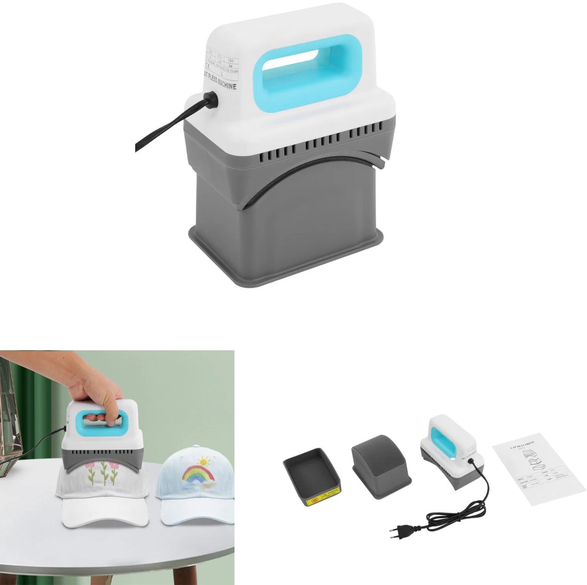Homezo hittepers - Warmte persmachine - Petten, hoeden - DIY bedrukken - Draagbaar - 4 temp.standen - Gebogen verwarmingsplaat