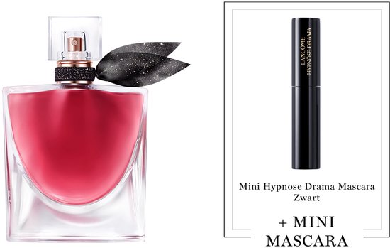 Lancôme La Vie est Belle Elixir parfumflesje met rode vloeistof en zwarte strik. Naast het flesje staat een mini Hypnose Drama Mascara.