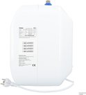 Witte Haier boiler met typeplaatje met specificaties en CE-markering.