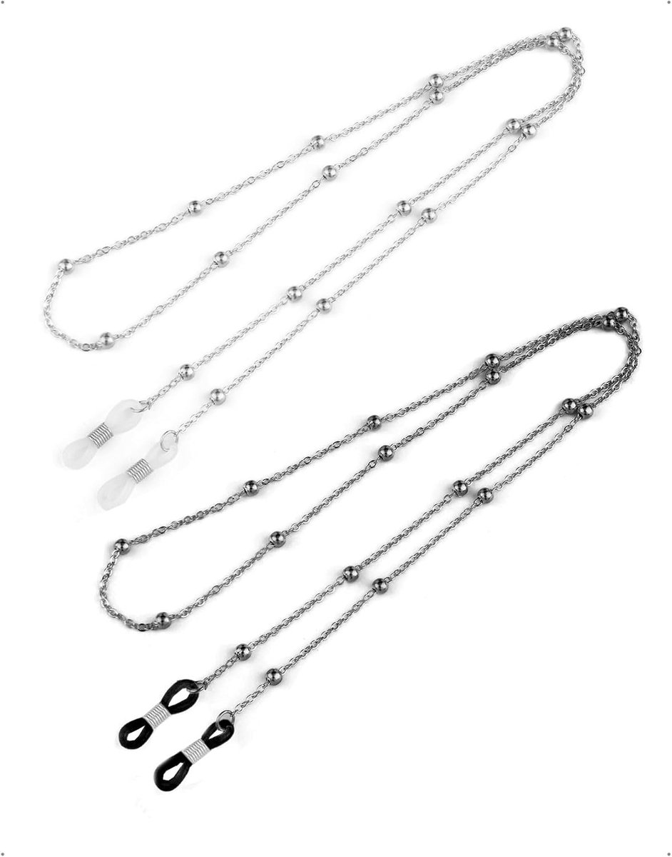 Set van 2 brillenkettingen voor heren, roestvrij staal, brillenband om nek, ook geschikt voor dames, zonnebrilhouder, universeel verstelbaar, sportief, metaal, leesbril, zilver + donkergrijs