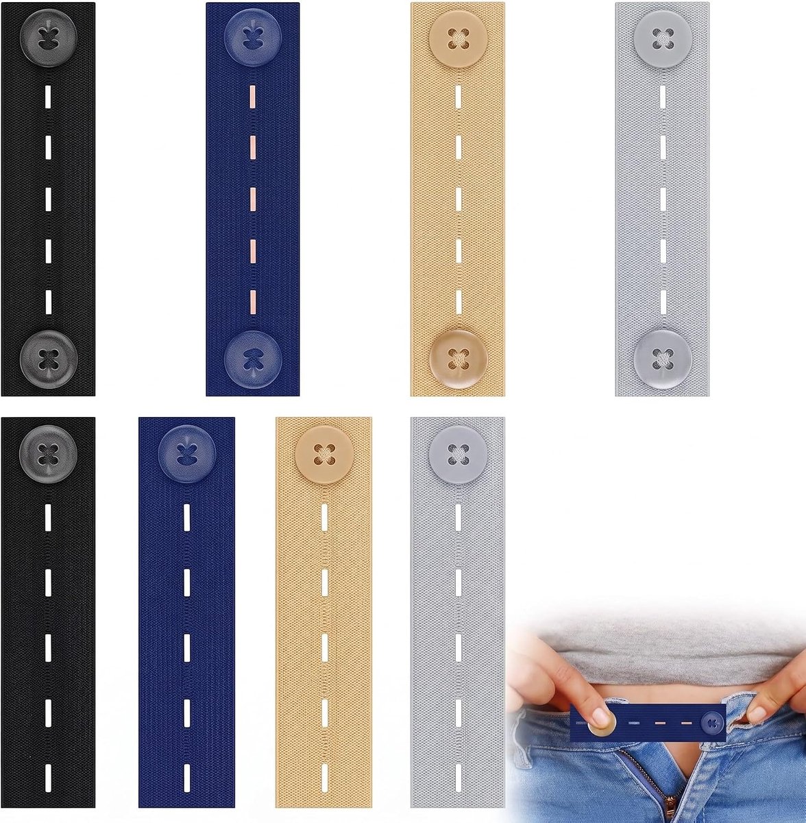 Knopen voor broeken, 4 verschillende kleuren, elastische extender voor onmiddellijke uitbreiding van de taille, voor jeans, rokken, overhemden en zwangerschapshemden, praktisch