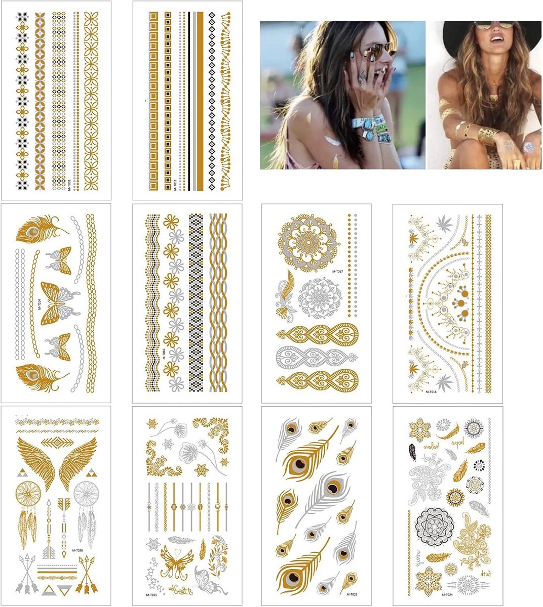 Tijdelijke tatoeages, metallic tatoeages, flash gouden tijdelijke tatoeages, waterdichte langdurige 3D neptattoo-stickers, voor volwassenen, kinderen, verjaardag, Kerstmis, Halloween