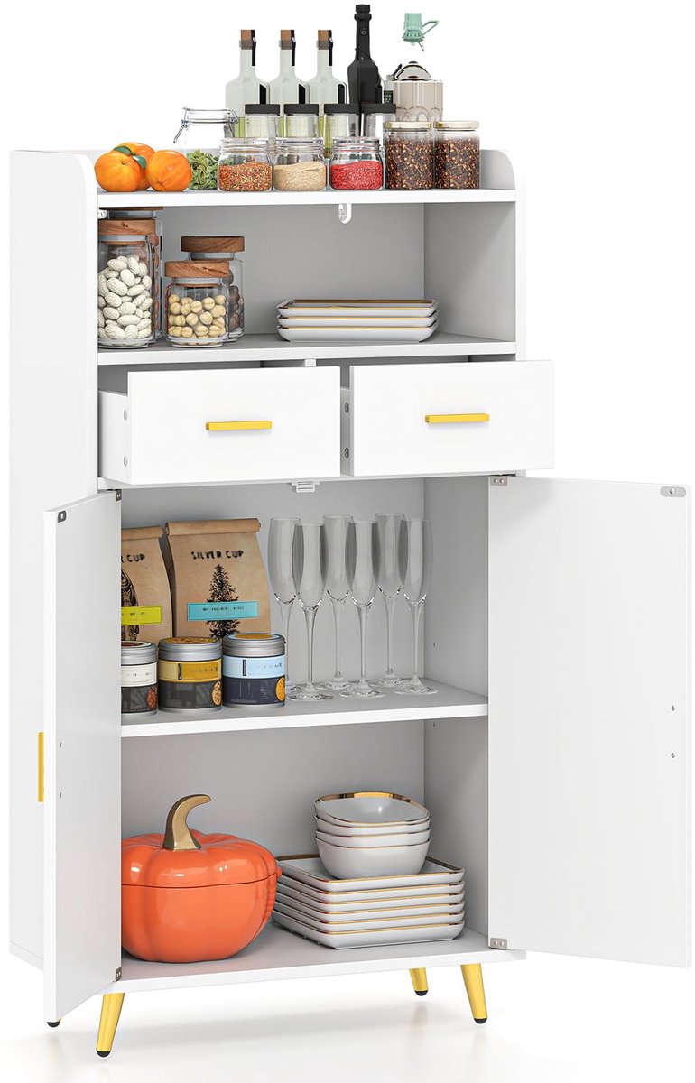 COSTWAY Multifunctionele kast met dubbele deur, 2 laden, verstelbaar rek, woonkamerkast voor keuken, badkamer, woonkamer, hal, hout, keukenkast, opbergkast, 60 x 30 x 113 cm (wit)