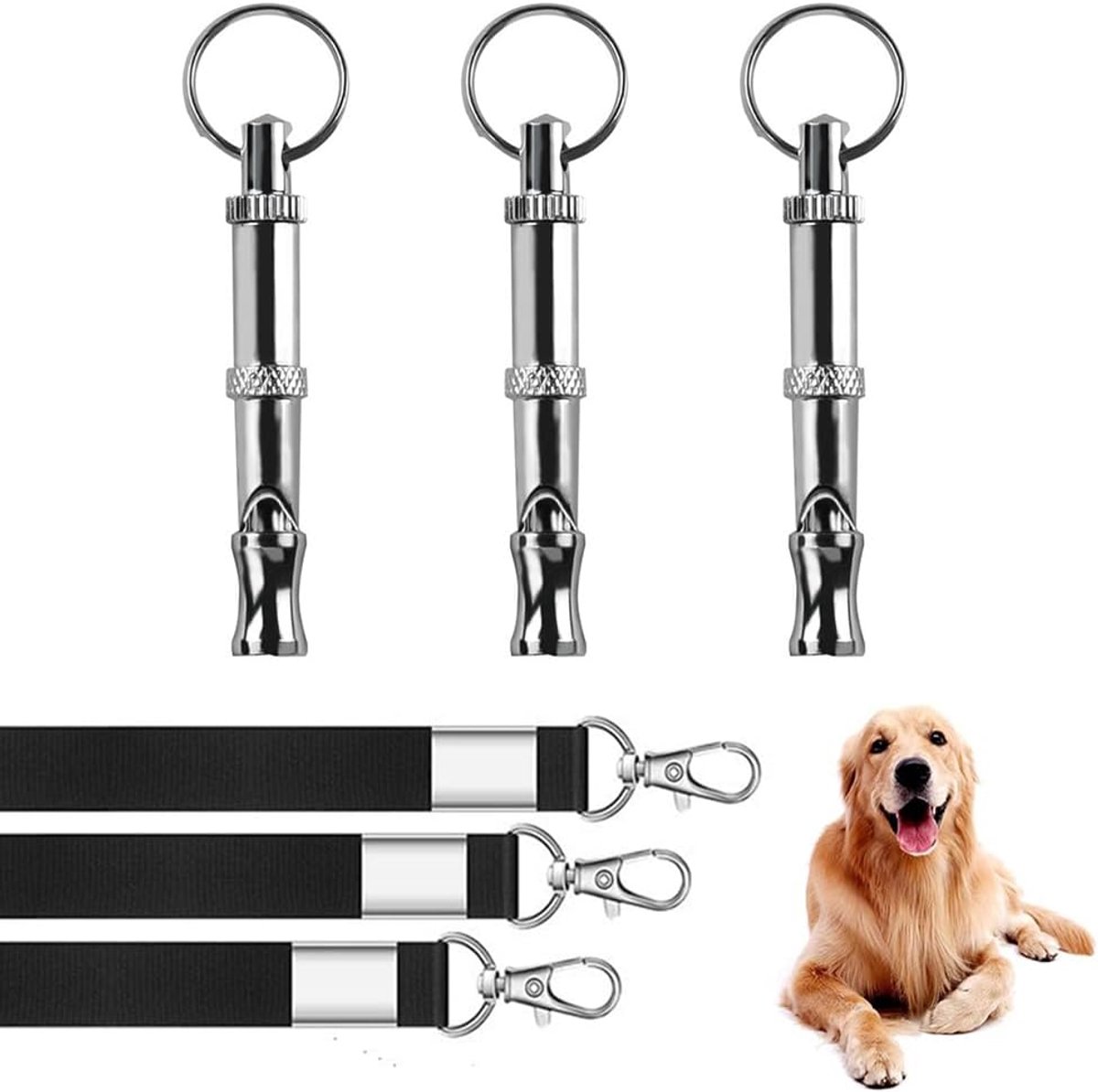 3 sets hondenfluitje, instelbare frequenties, professionele huisdieren met koord en sleutelhanger voor training en belcontrole