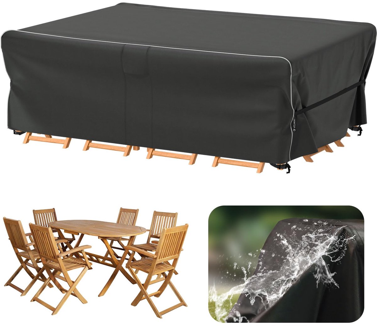 Famanu Afdekking voor tuinmeubelen, waterdicht, 200 x 160 x 74 cm, winddichte beschermhoes met reflecterende strepen, 600D Oxford meubelsets, afdekking, stofdicht, afdekhoezen voor tuintafel Antraciet