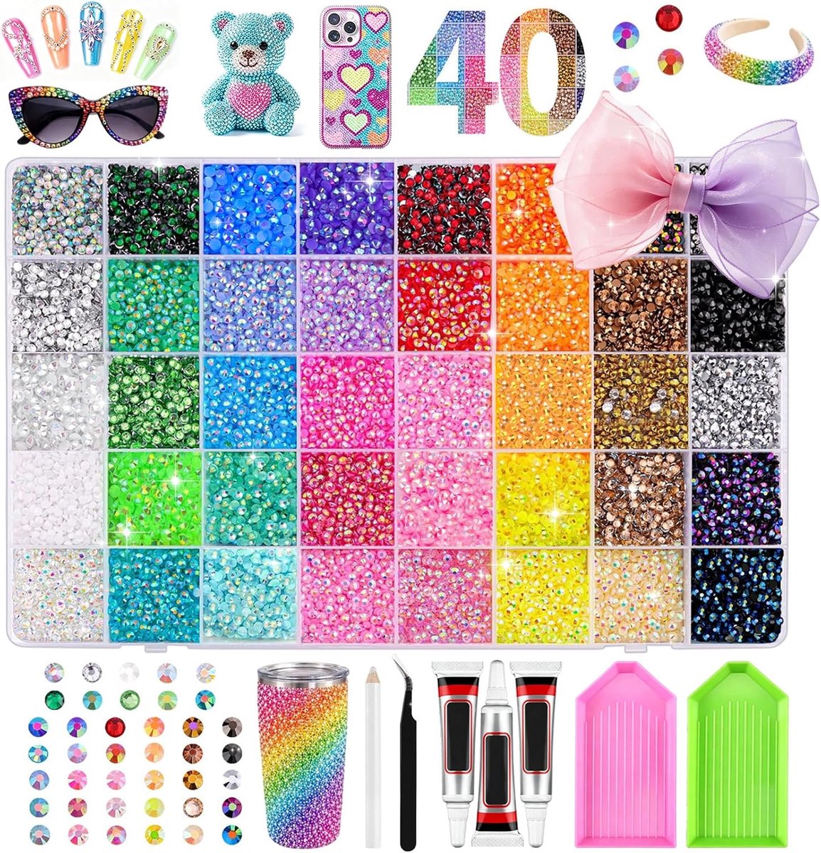 Kit, 33.000 stuks, 40 kleuren, 3 mm, Jelly strass-steentjes, kleurrijke platte achterkant, glitterstenen, bedazzler kit voor nagels, gezichtsmake-up, knutselen, textiel