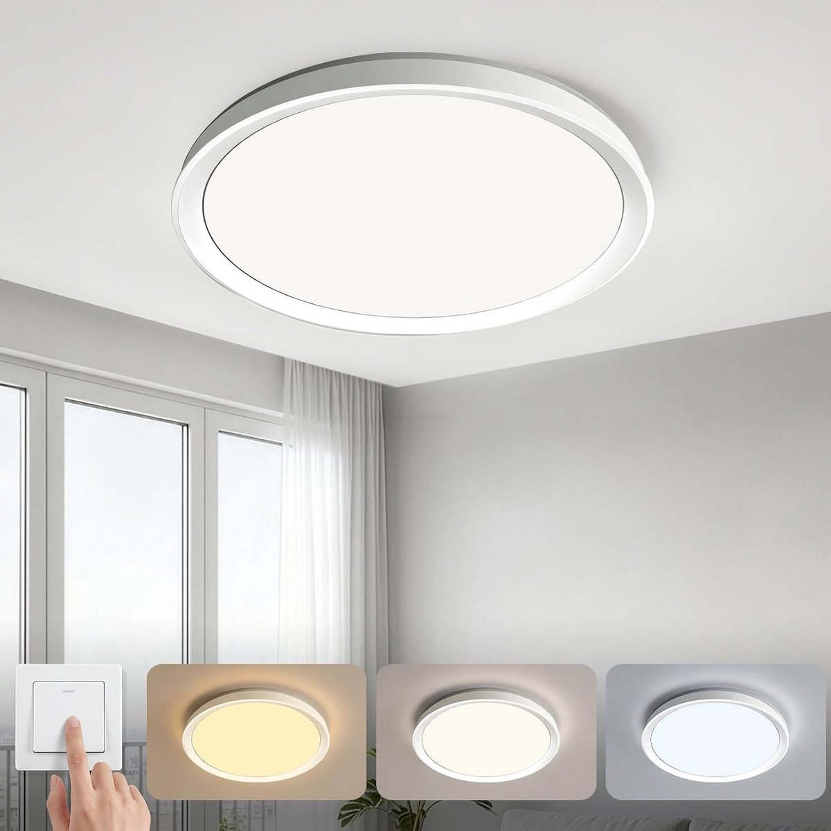 Plafondlamp 70W 9700LM Hoog Vermogen, Ø48cm Wit 3 Kleurtemperaturen Wandschakelaar Gestuurd, CRI80+ Oogvriendelijk voor Hal, Slaapkamer, Kantoor