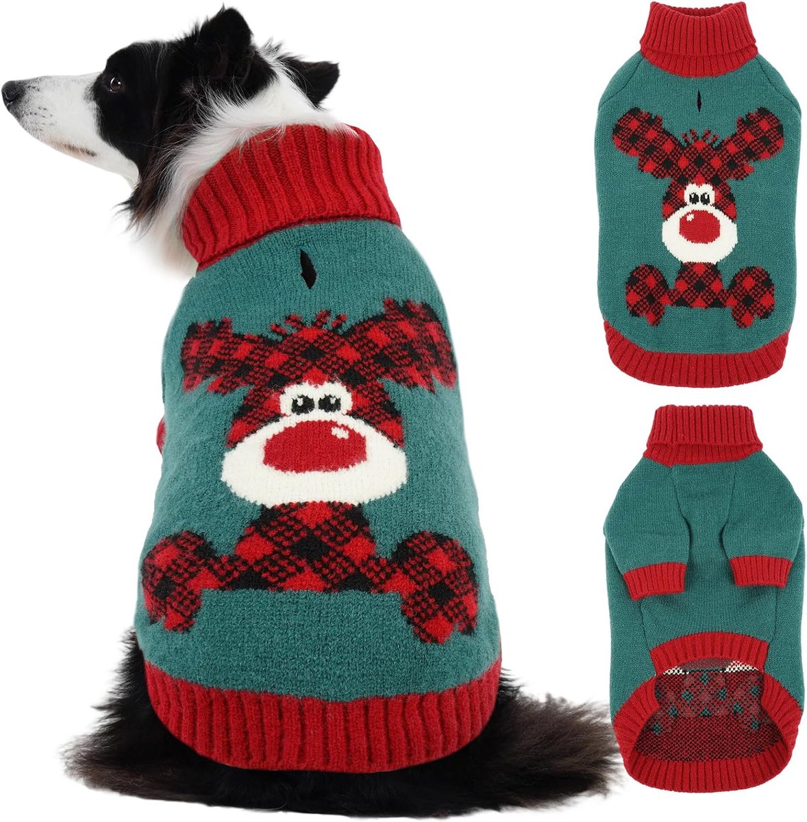 Hondentrui - feestelijk rendier en tartan gebreid | dik en warm met riemgat | Hoge hals | Ideaal voor cocker-spaniël, beagle, shiba inu, Staffordshire bull terrier (donkergroen, XL)