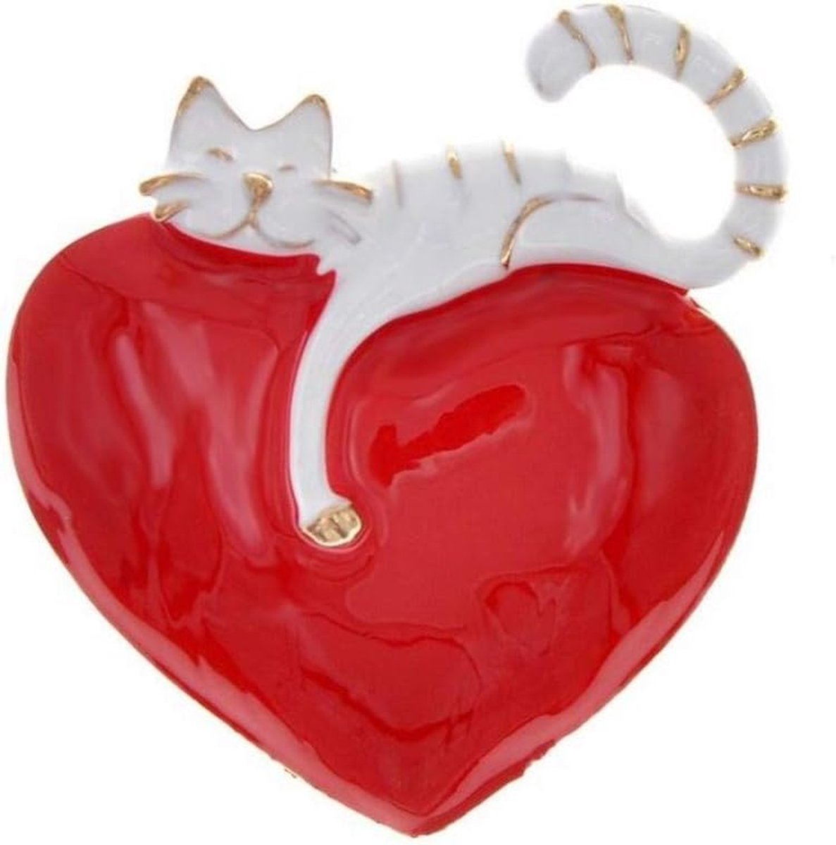 Broche van staal, witte kat op rood hart., Roestvrij staal