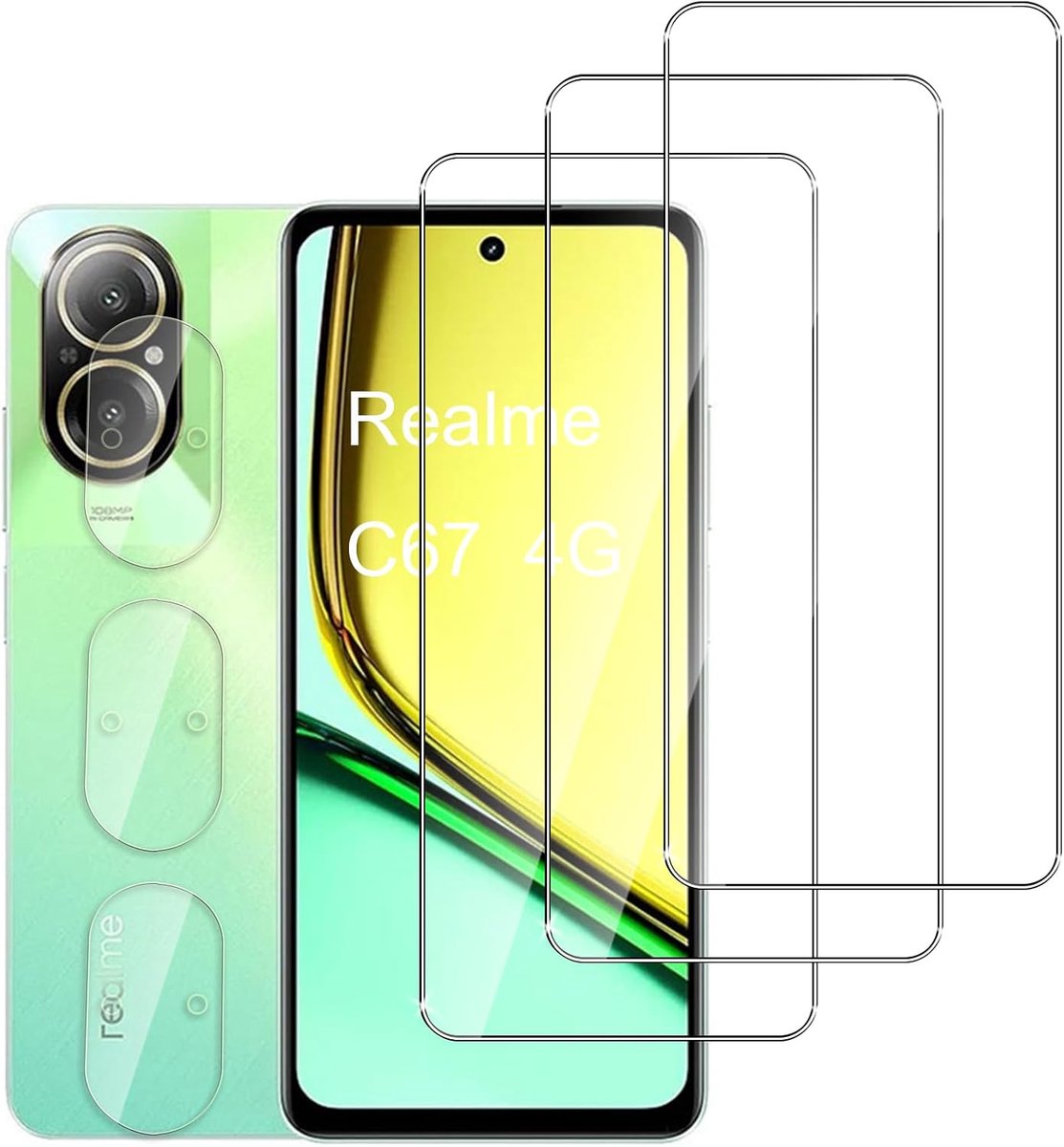 Stuks）Tempered Glas Screen protector voor Realme C67，Anti-Kras，9H Hardheid，Volledige Dekking，Gemakkelijk Aan te Brengen，Hydrofobe & Olieafstotende Laag，Hooghelder