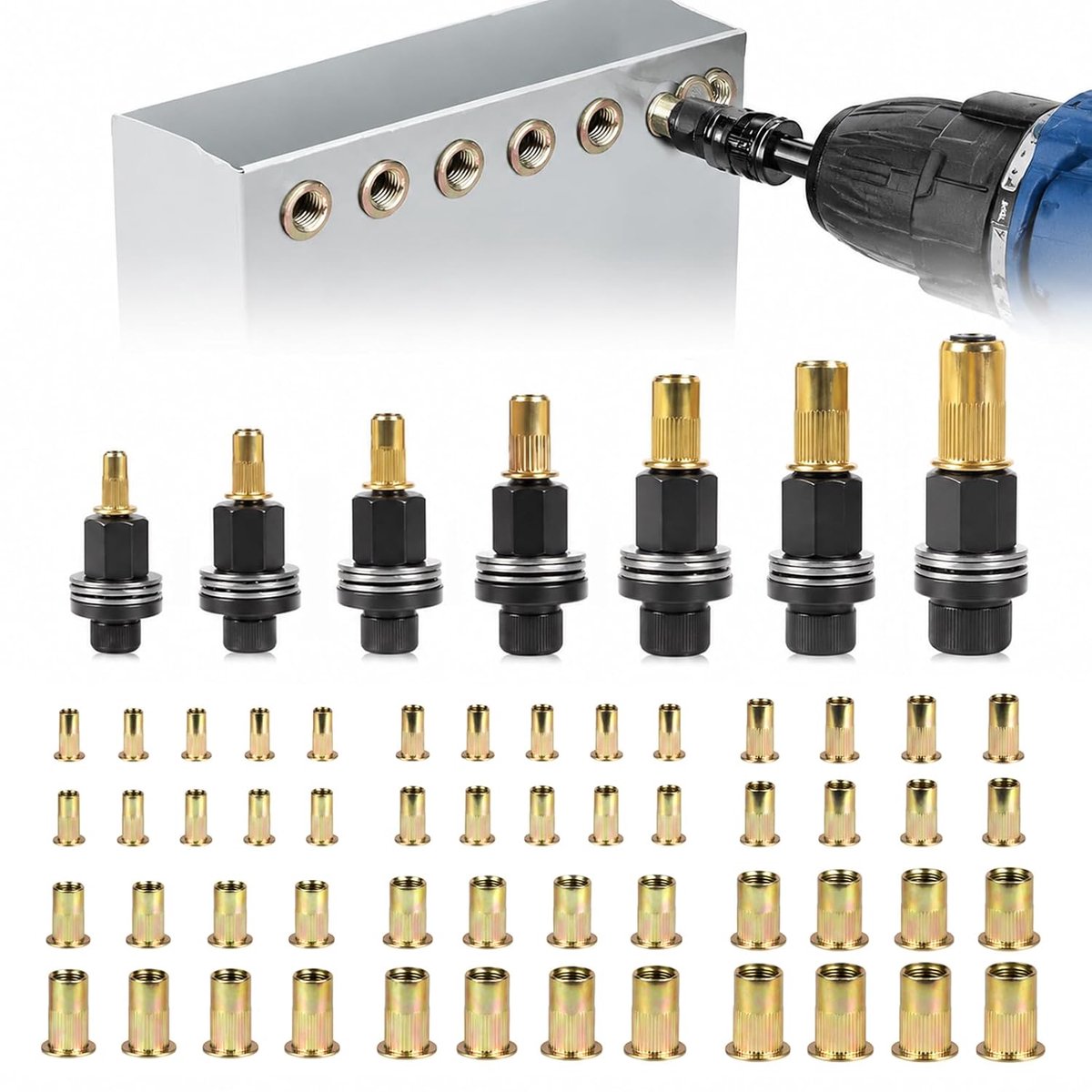 7-delige set klinknagelmoeren, krimpmoeren voor klinknagels, M3, M4, M5, M6, M8, M10, M12, pneumatische klinknagelmachine, spindelset, handklinknagelmachine, voor plaatwerk, buizen, meubels