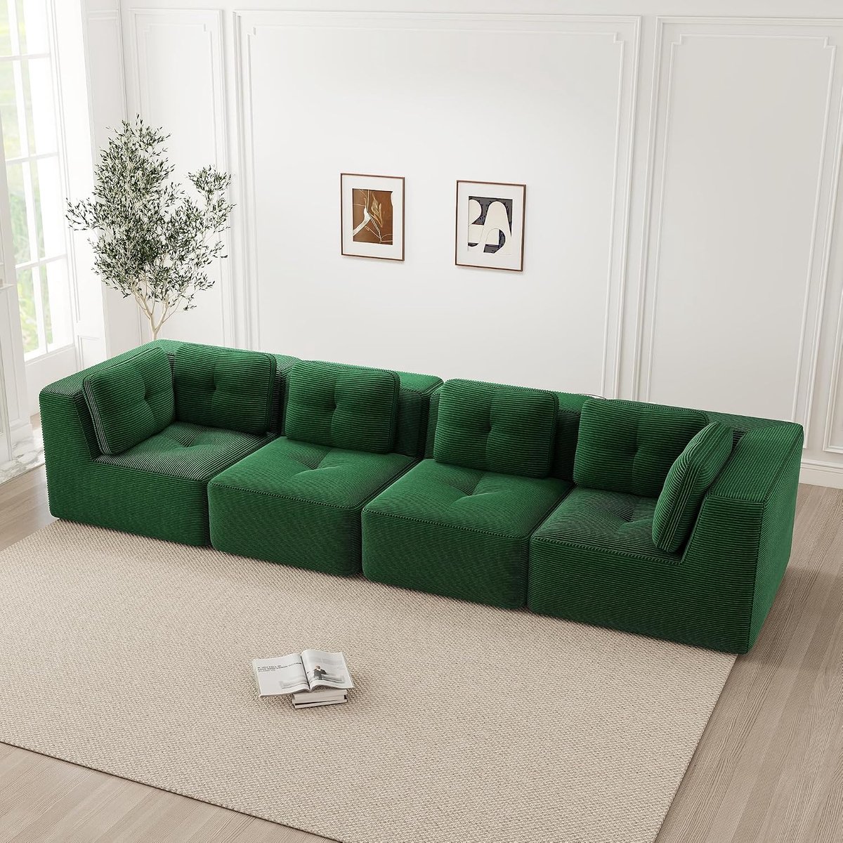 Hoekbank van corduroy, frameloos sofa met hoge rugleuning, diepzits woonlandschap, vrij te combineren bank, geen montage vereist Groen 4-zits (Groen, E-4S)