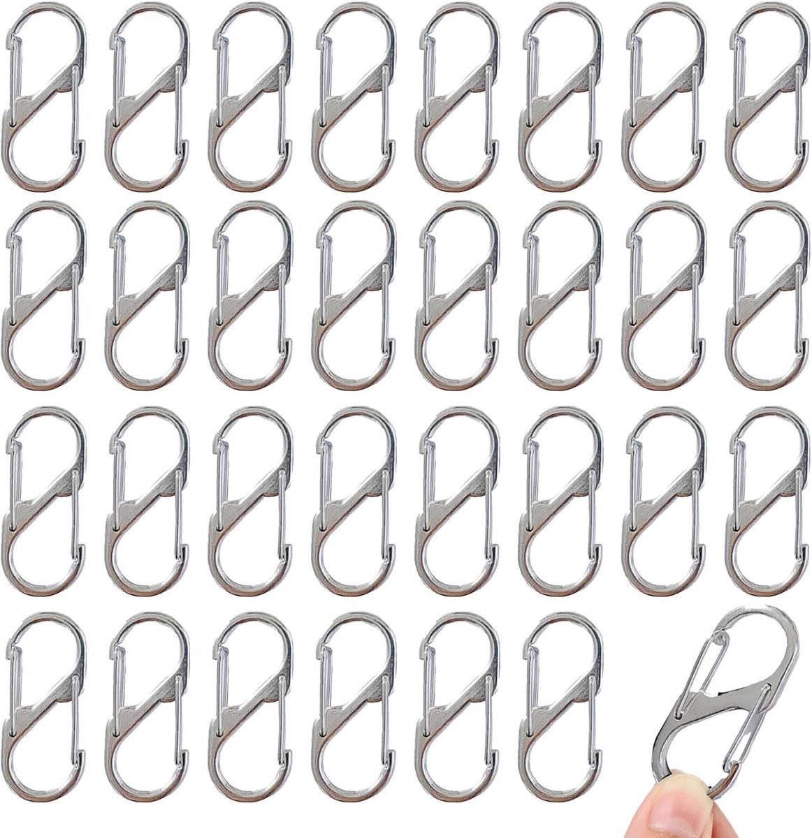 30 stuks S karabijnhaken, mini-karabijnhaken, 32 mm, wit nikkel, dubbele karabijnhaak voor outdoor, kamperen, wandelen, reizen en dagelijks gebruik (zilver)