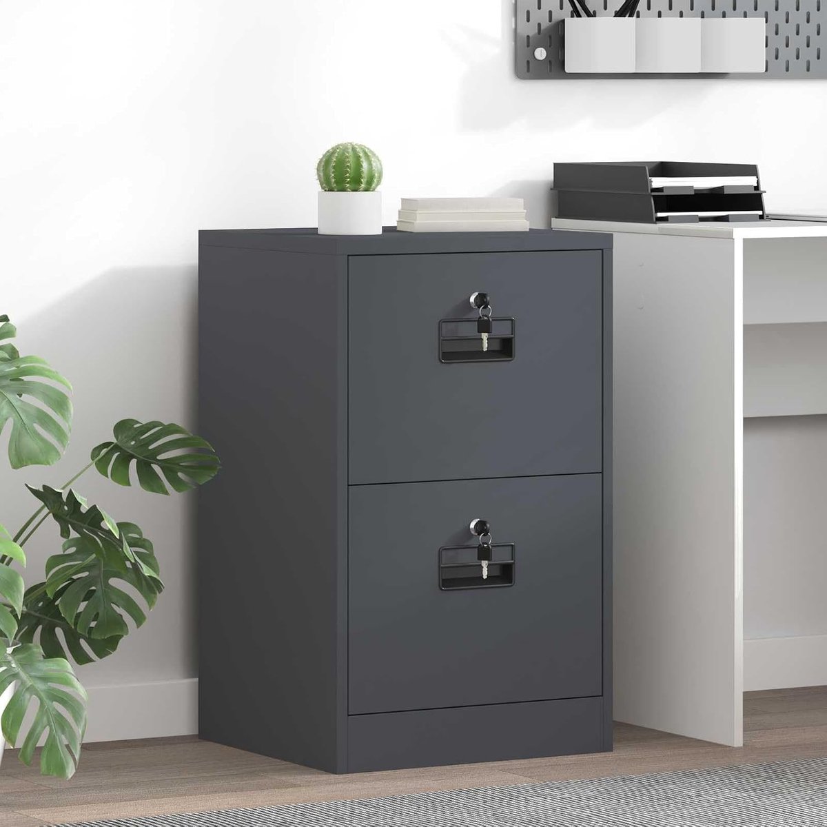 Archiefkast van koudgewalst staal, 45,5 x 42 x 74,5 cm, rolcontainer met 2 laden en cilinderslot voor kantoor, antraciet