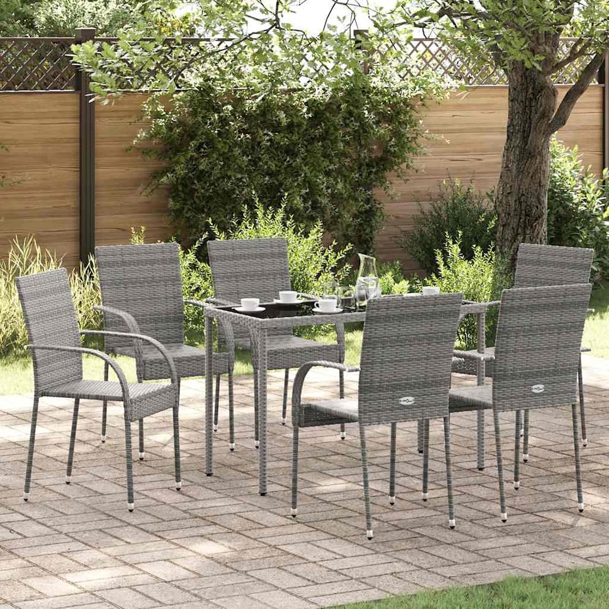 Tuinstoelen, stapelbaar, 6 stuks, grijs, polyrotan, tuinmeubelen, outdoor, eetstoelen, balkonstoelen voor outdoor, tuin, café, camping, 310088