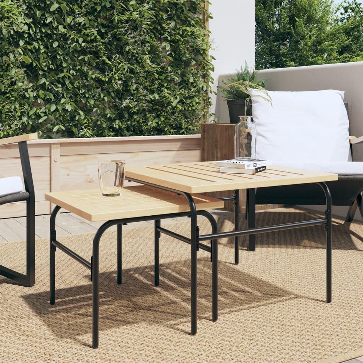 P4009307 Stapelbare tuintafels, 2 stuks, bruin en zwart van staal, tuintafel, rechthoekige eettafel, keukentafel, tuintafel, tuintafel