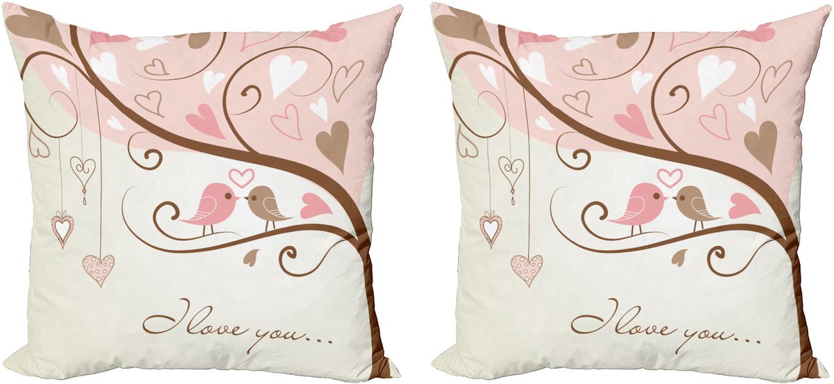 ABAKUHAUS Liefde Sierkussenhoes Set van 2, 2 Vogels Romantik Motief, Modern Accent Dubbelzijdige Digitale Print, 50x50, Blush Bruin Beige
