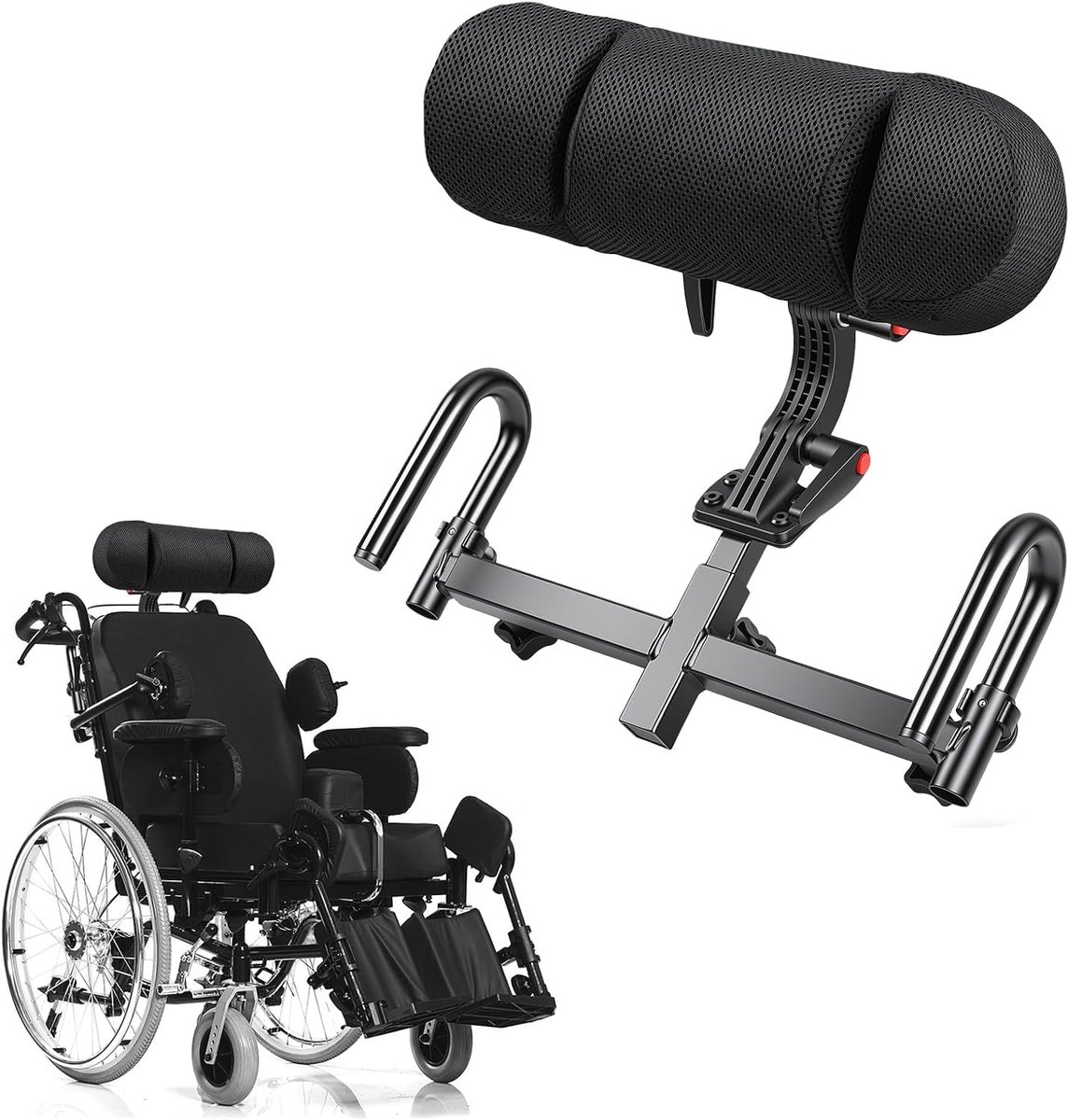 Hoofdsteun voor rolstoel, PU en staal, verstelbaar nekkussen, 38-52 cm hoogte, voor buisdiameter van 22 en 25,4 mm, universele neksteun