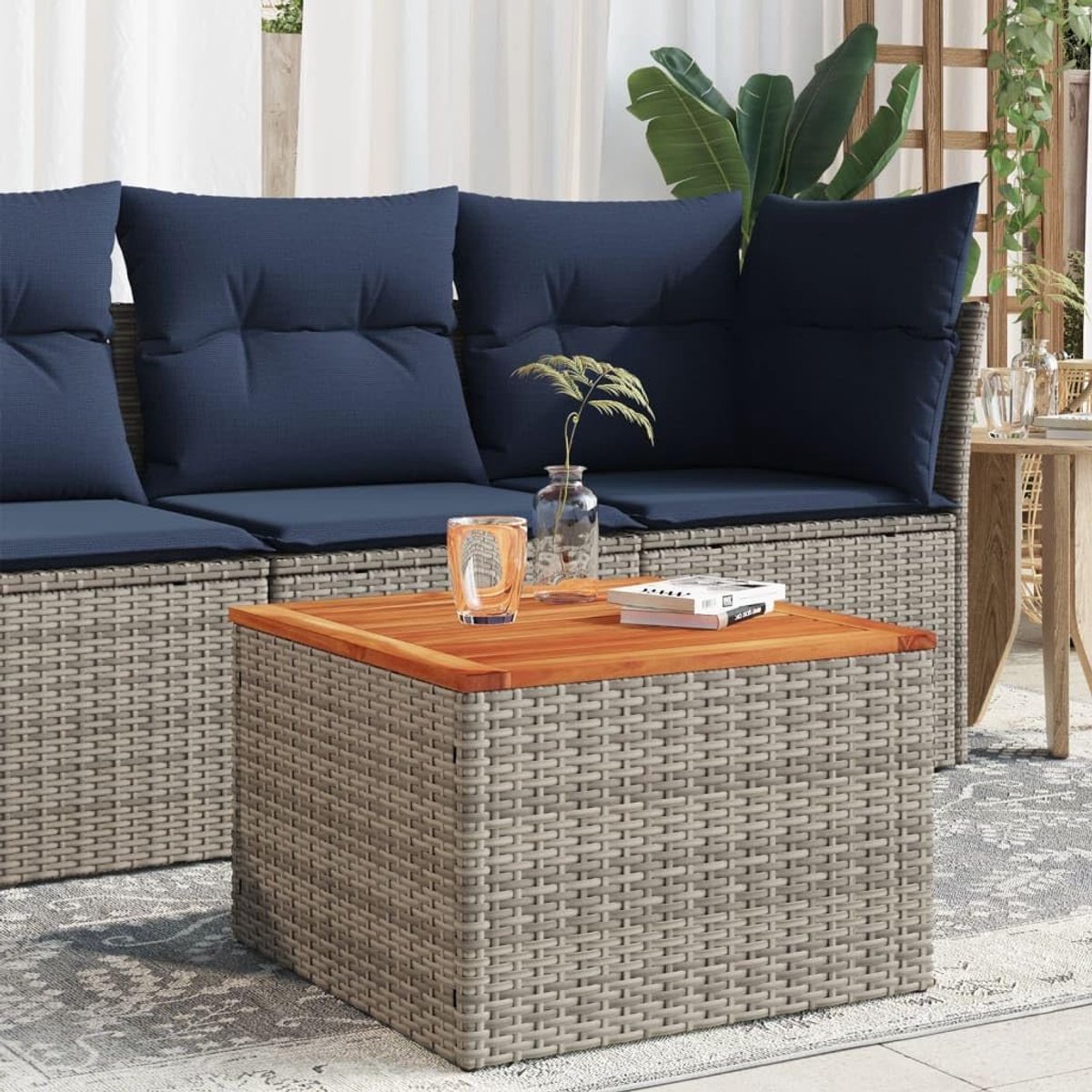 55x55x37 cm poly rattan acaciahout grijs weerbestendig stevig frame voor terras balkon tuin koffietafel