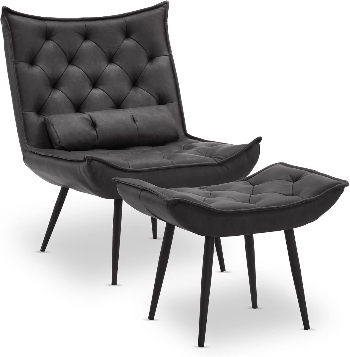MCombo Fauteuil met kruk, moderne relaxstoel met taillekussen voor woonkamer, retro vintage leesstoel, loungestoel, stoel, gestoffeerde stoel, kunstleer, 4778 (donkergrijs)
