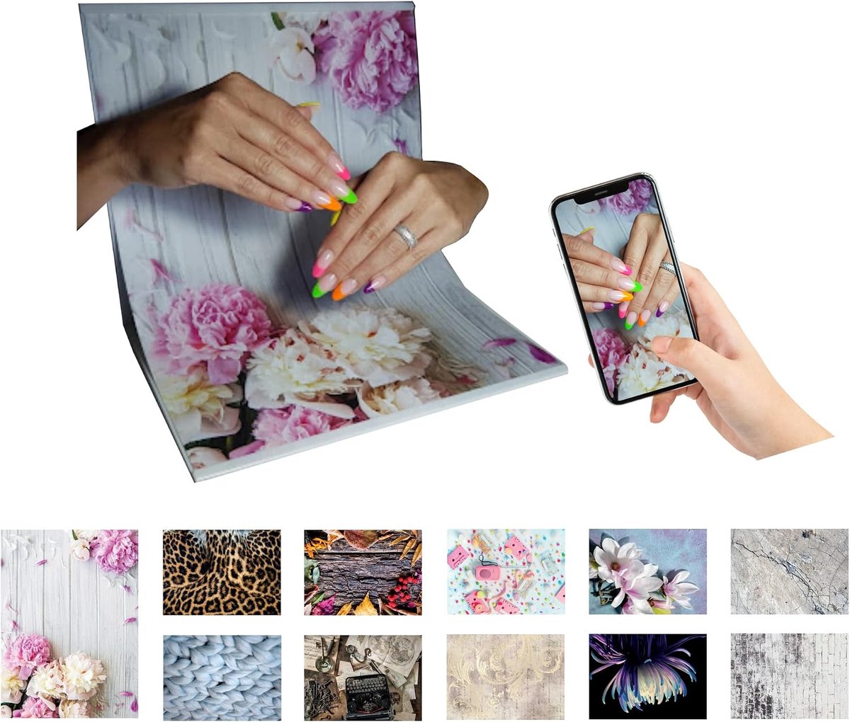 11 achtergronden voor nagelfoto's 42 cm x 29,7 cm - achtergrond statief in set met fotoachtergronden - veelkleurige hoogwaardige achtergronden - eenzijdig bedrukt - bloemen, beton