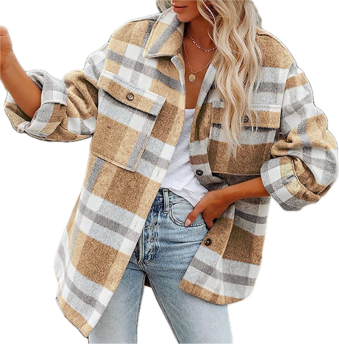 Flanellen shirts voor dames, lange mouwen, shacket voor dames, geruit overhemd, blouses, casual tops, vest, herfst, winterjas, jas