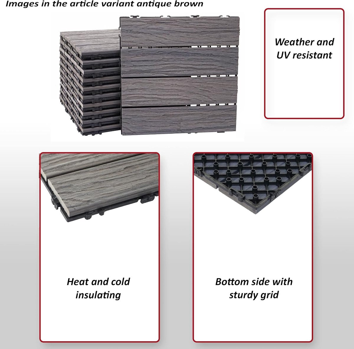 Vloertegel HWC-E19, houtlook balkon/terras, 3D-structuur lineair - antiek-bruin, 11x elk 30x30cm = 1m²