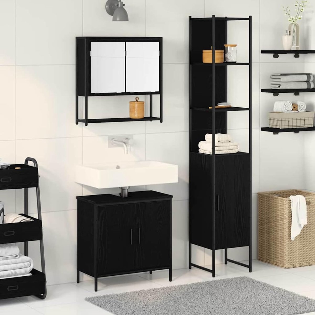 3-delige badkamermeubelset, zwart eiken, houtmateriaal, complete spiegelkast, hoge kast, compleet programma voor moderne badkamer 3334362