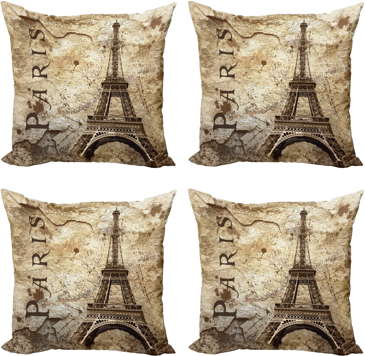 ABAKUHAUS Paris Sierkussen Kussenhoes 4er Set, Eiffeltoren op Grunge Wand, Modern Accent Dubbelzijdige Digitale Print, 40 x 40 cm, Beige Bruin