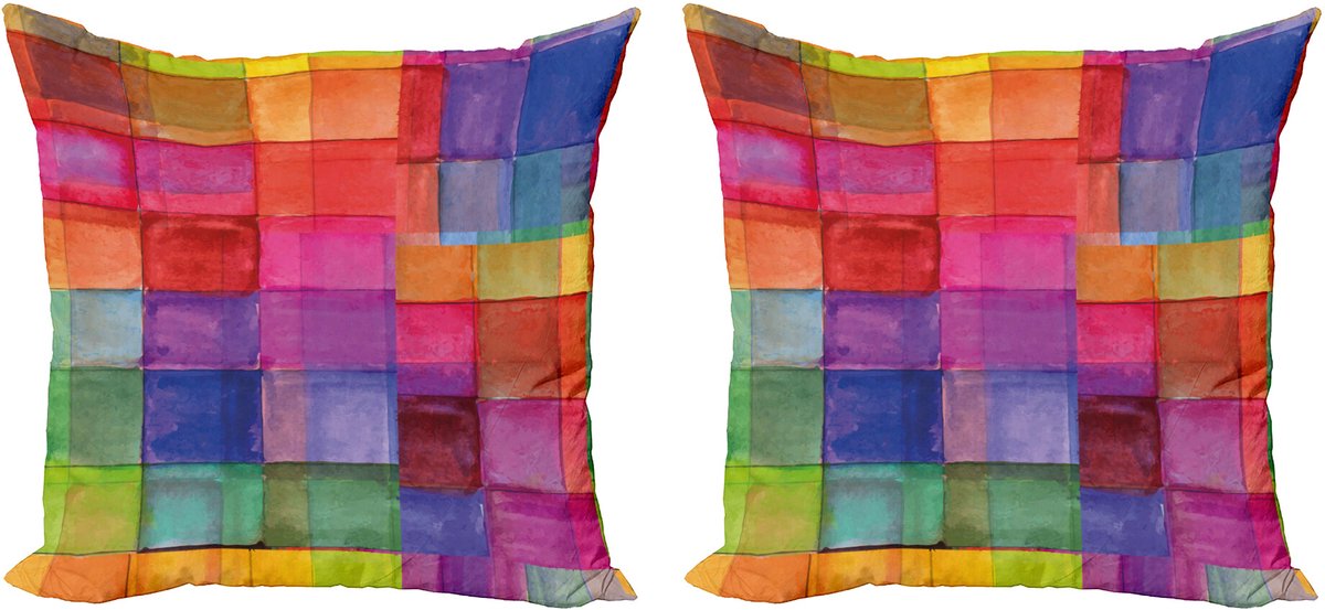 ABAKUHAUS Abstract Sierkussenhoes Set van 2, Regenboog-Kleuren-Quadrate, Modern Accent Dubbelzijdige Digitale Print, 50x50, Meerkleurig
