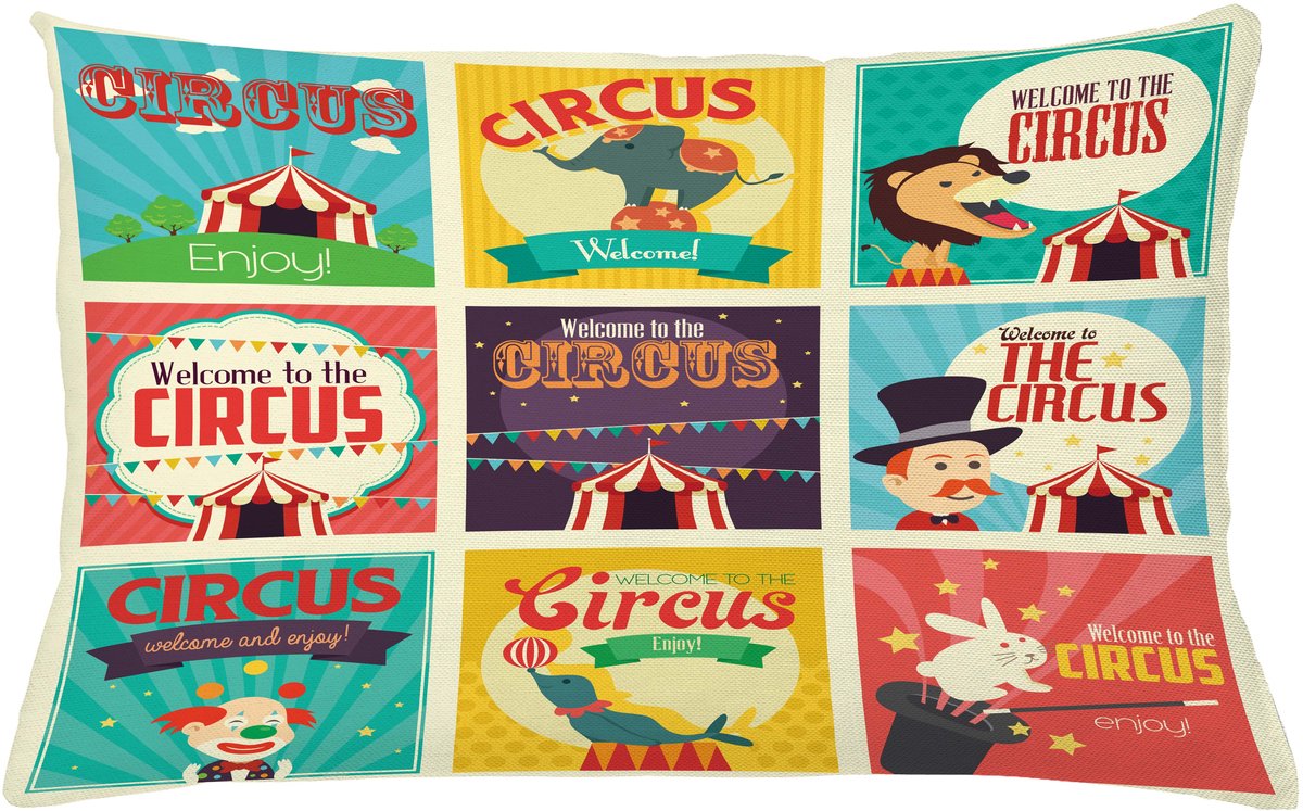 ABAKUHAUS Kleurrijk Kussenhoes, Karneval Oud Circus, Met Ritssluiting, Wasbaar, Dubbelzijdige Digitale Print, Heldere Kleuren, Hoogwaardige Stof, 65 x 40 cm, Meerkleurig