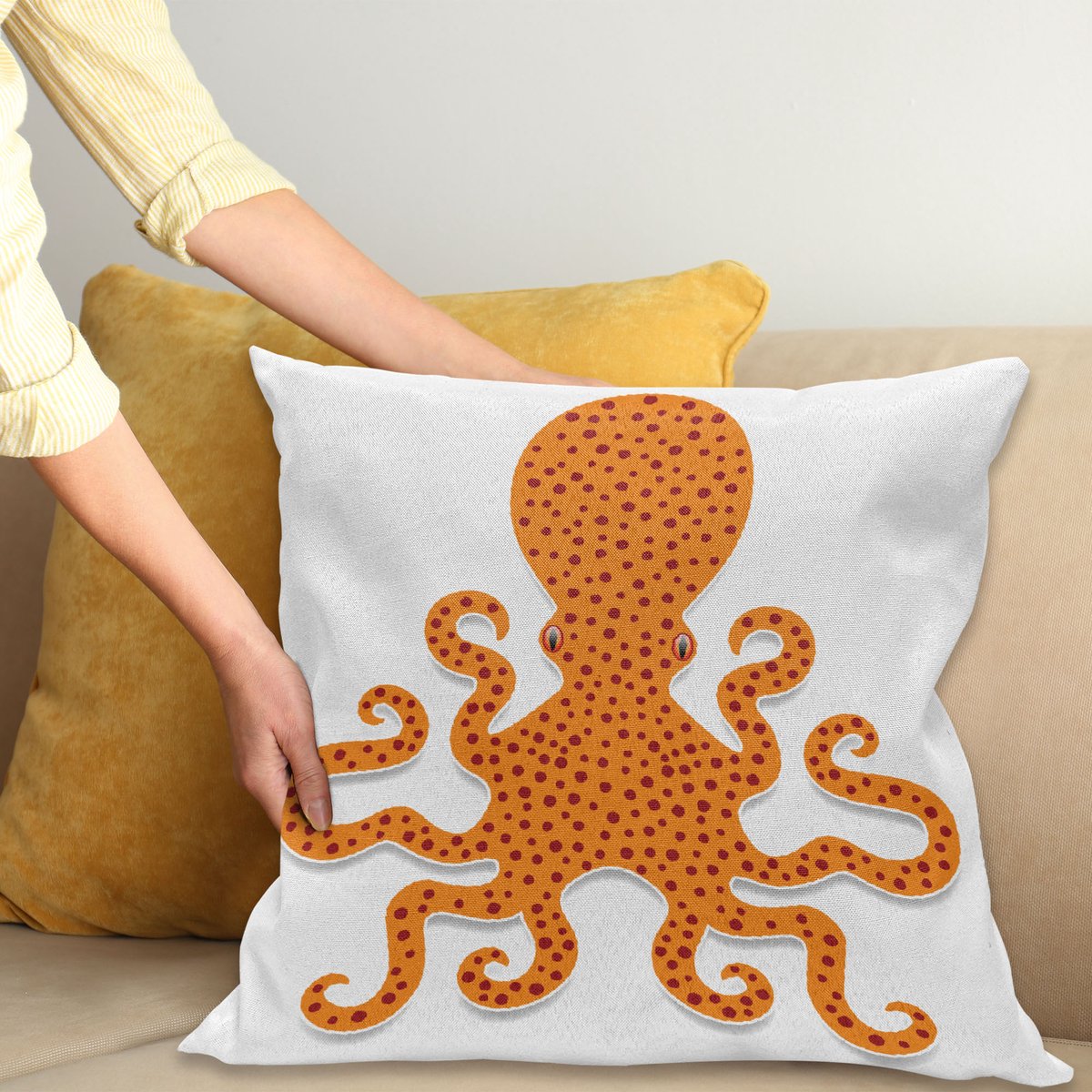 ABAKUHAUS Leven in Zee Kussenhoes, Octopus Zee Mosters, Kussenhoes met Ritssluiting en Dubbelzijdige Print, 40 x 40 cm, Oranje
