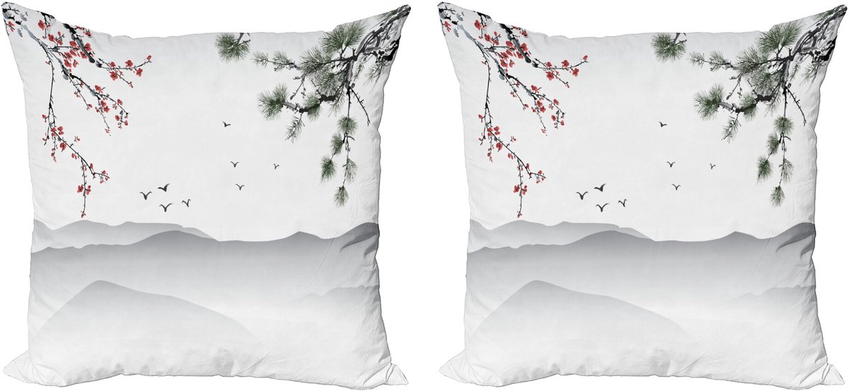 ABAKUHAUS Bloemen Sierkussenhoes Set van 2, Chinesisch-Kunst-Grafik, Modern Accent Dubbelzijdige Digitale Print, 60x60, Rood Groen Zwart