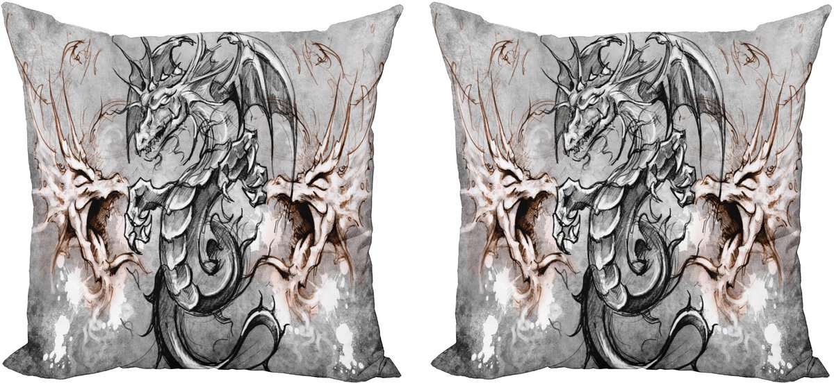 ABAKUHAUS Drachen Sierkussenhoes Set van 2, Scary Creature Schets, Modern Accent Dubbelzijdige Digitale Print, 40x40, Grijs