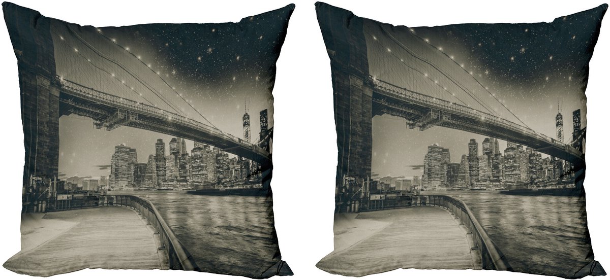 ABAKUHAUS Nieuw York Sierkussenhoes Set van 2, Brooklyn-Brücke Nacht, Modern Accent Dubbelzijdige Digitale Print, 45x45, Dunkler Sepia Zwart